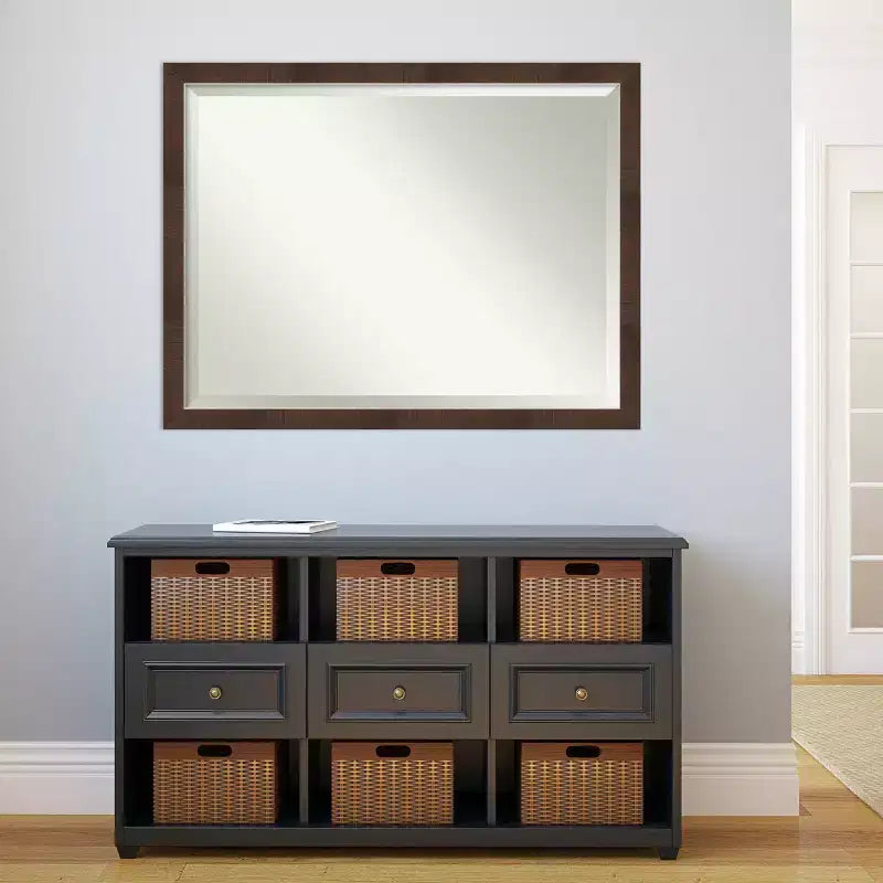 43" x 33" Framed Beveled Wall Mirror, Brown Distressed Finish