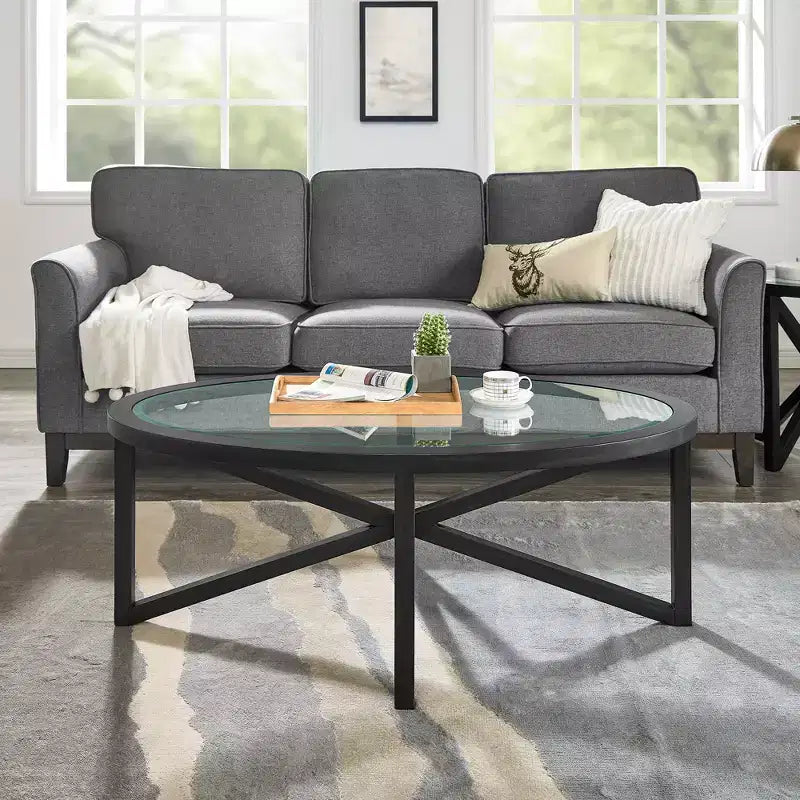 Round/Oval Coffee Table with Tempered Glass Top and Wood Base