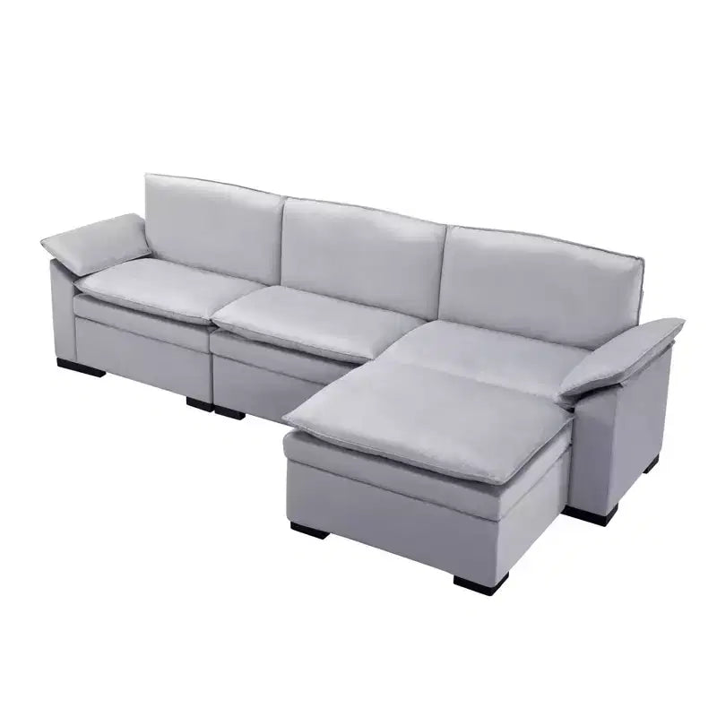 Divano Sezionale a L con Pouf – Rivestimento in Velluto, Struttura in Legno