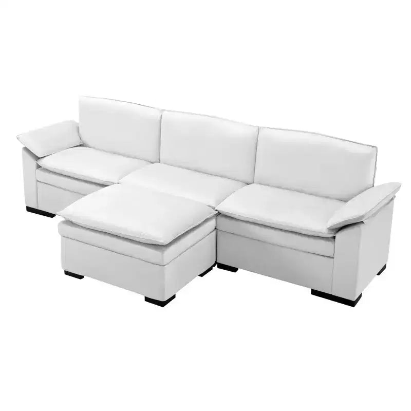 Divano Sezionale a L con Pouf – Rivestimento in Velluto, Struttura in Legno