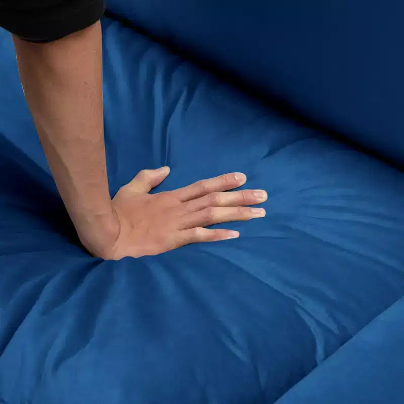 Divano Sezionale a L con Pouf – Rivestimento in Velluto, Struttura in Legno