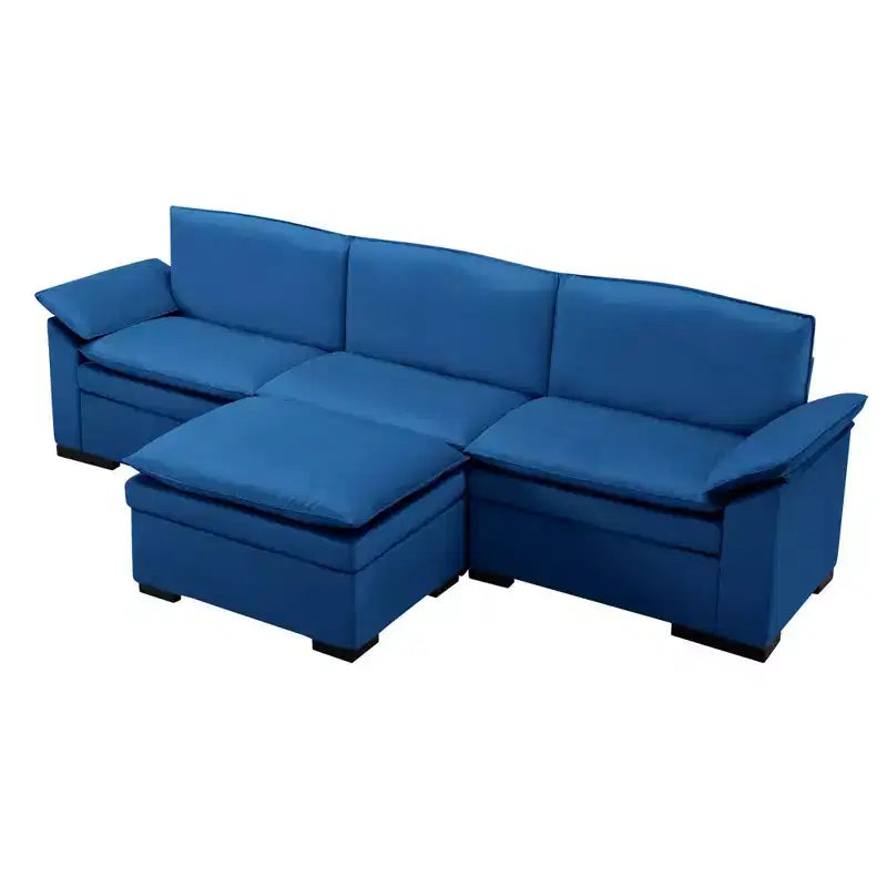 Divano Sezionale a L con Pouf – Rivestimento in Velluto, Struttura in Legno