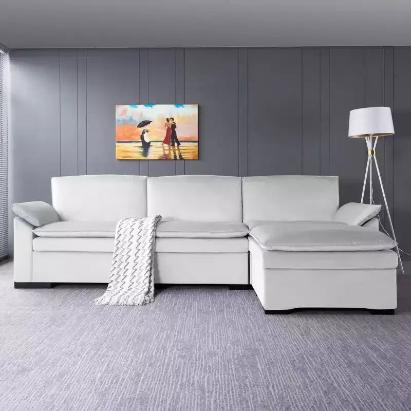 Divano Sezionale a L con Pouf – Rivestimento in Velluto, Struttura in Legno