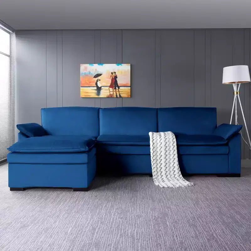 L-Shaped Sectional Sofa with Ottoman – Velvet Upholstery, Wood Frame