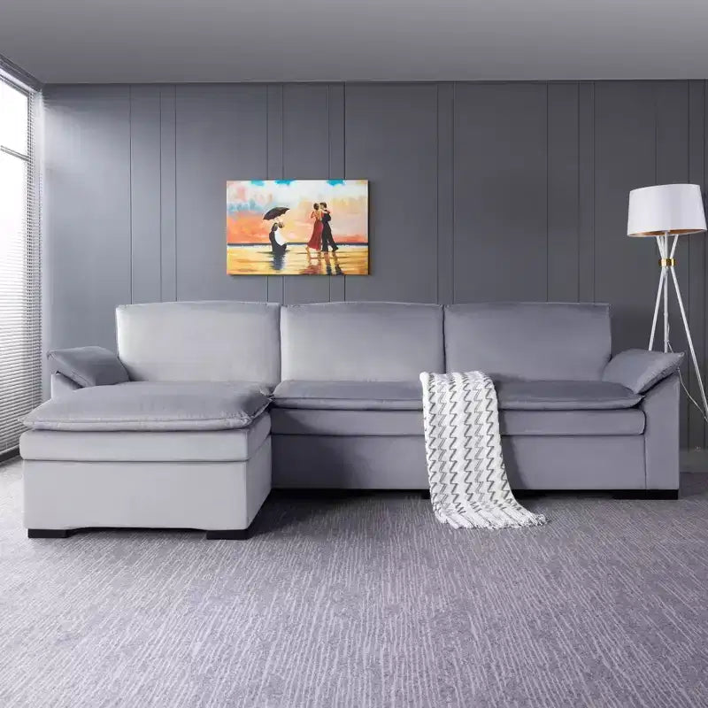 L-Shaped Sectional Sofa with Ottoman – Velvet Upholstery, Wood Frame