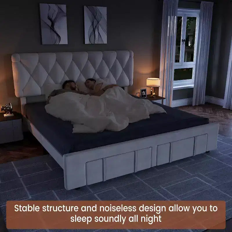Struttura Letto Imbottita con Cassetti Contenitori e Supporto a Doghe in Legno