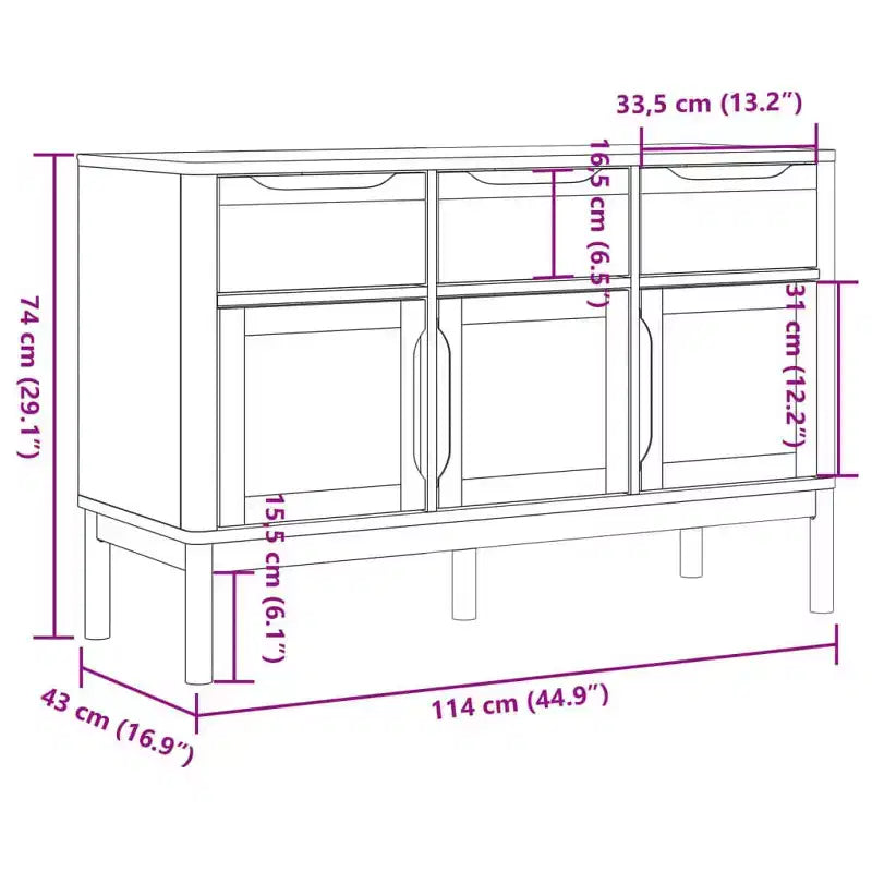 Solid Pine Wood Sideboard with Drawers and Doors