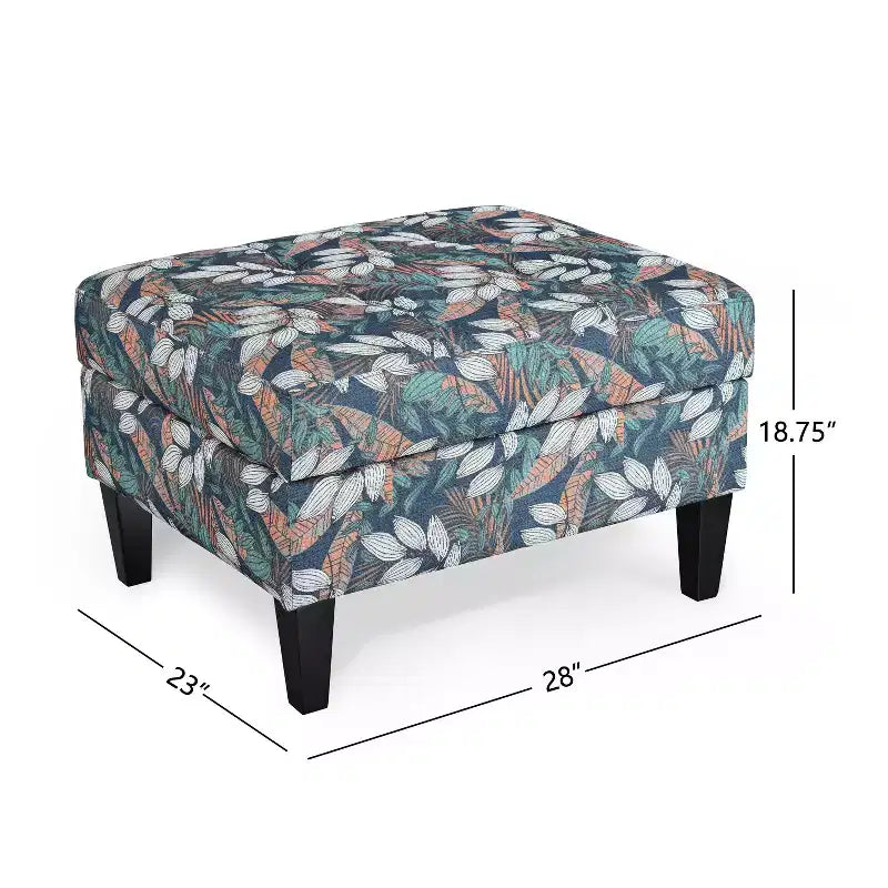 Floral Pattern Storage Ottoman with Birch Wood Legs