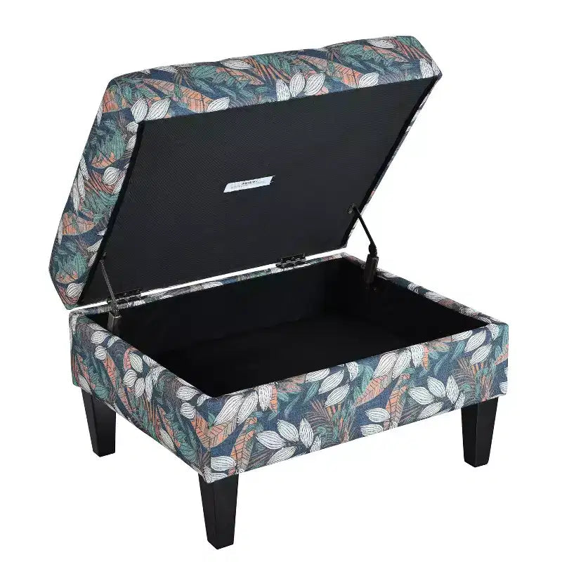 Floral Pattern Storage Ottoman with Birch Wood Legs