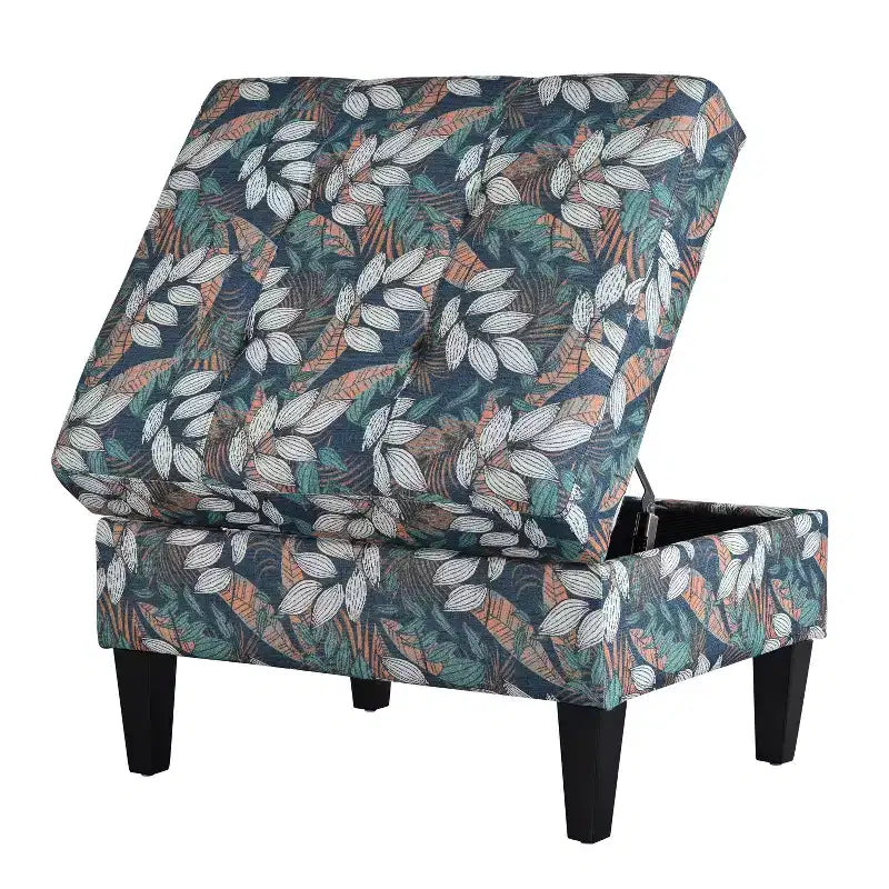 Floral Pattern Storage Ottoman with Birch Wood Legs