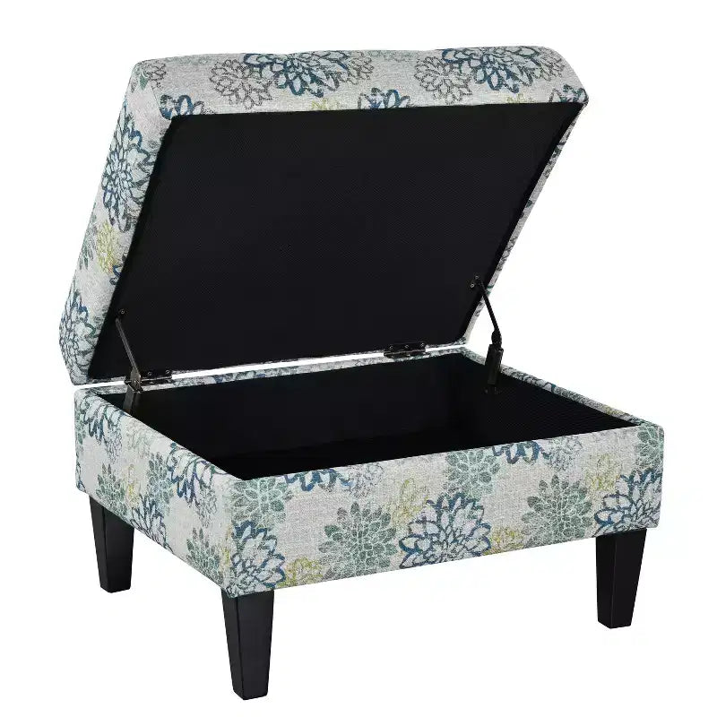 Floral Pattern Storage Ottoman with Birch Wood Legs