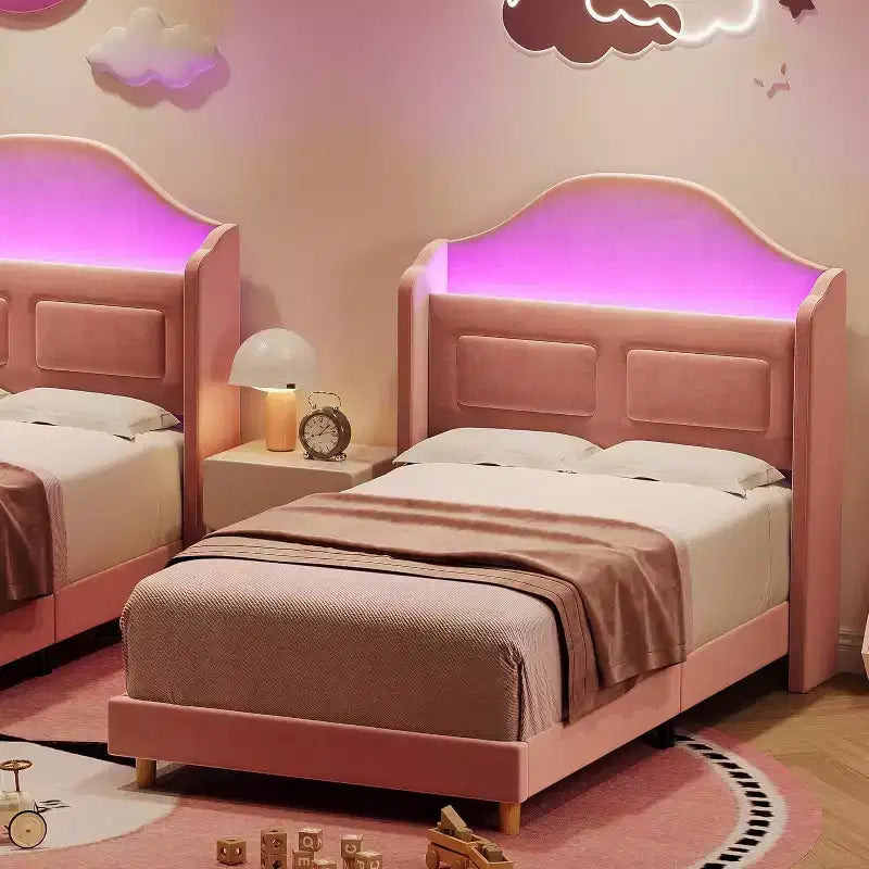 Struttura Letto Singolo con Testiera Imbottita in Velluto a Fascia Laterale, Luci LED e Contenitore