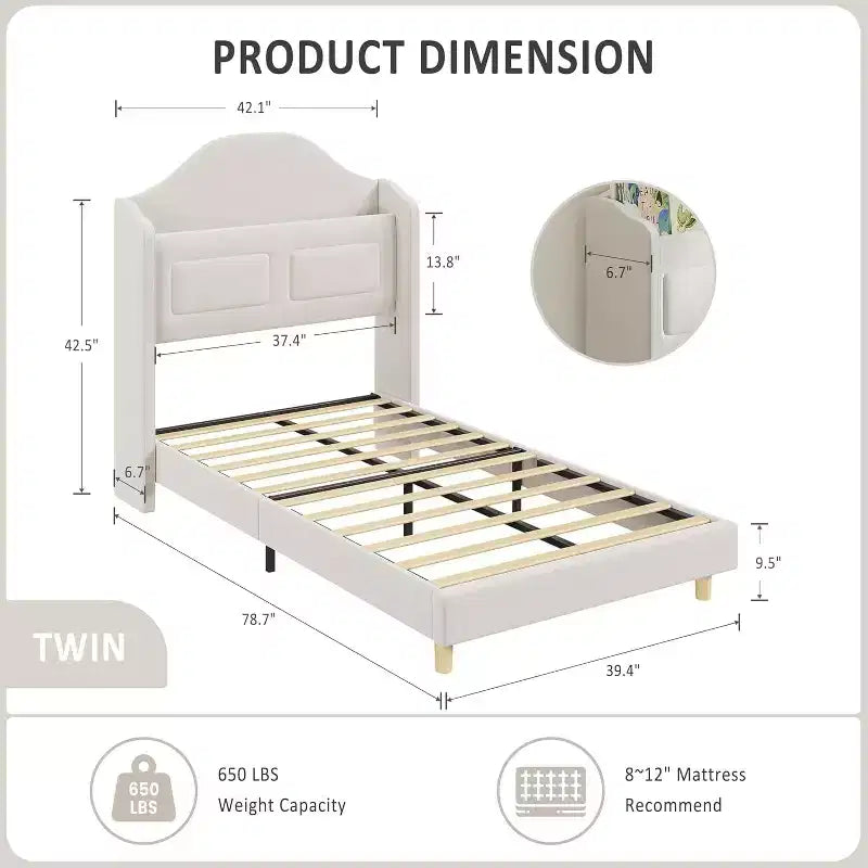 Struttura Letto Singolo con Testiera Imbottita in Velluto a Fascia Laterale, Luci LED e Contenitore