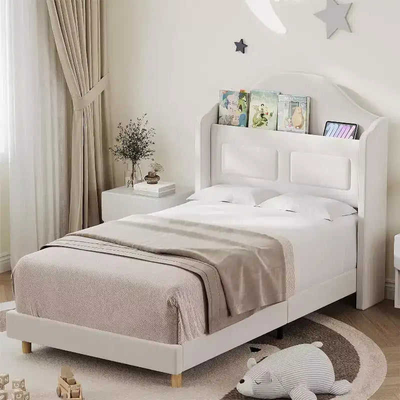 Twin Platform Bed Frame with Velvet Wingback Headboard, LED Lights, and Storage