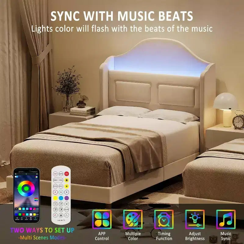 Struttura Letto Singolo con Testiera Imbottita in Velluto a Fascia Laterale, Luci LED e Contenitore