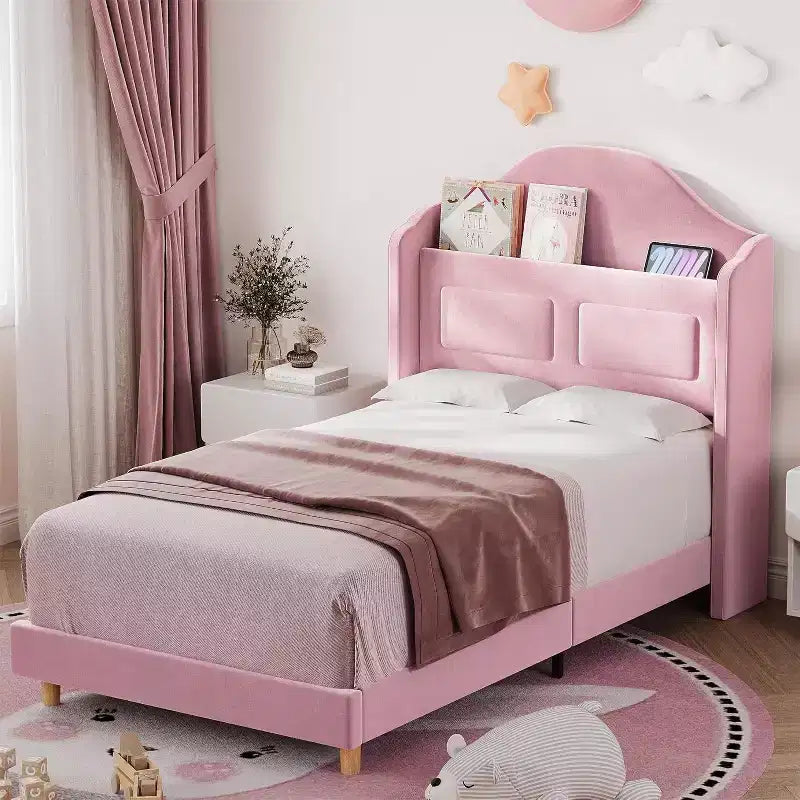 Struttura Letto Singolo con Testiera Imbottita in Velluto a Fascia Laterale, Luci LED e Contenitore