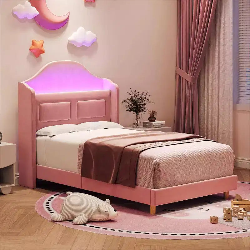 Twin Platform Bed Frame with Velvet Wingback Headboard, LED Lights, and Storage