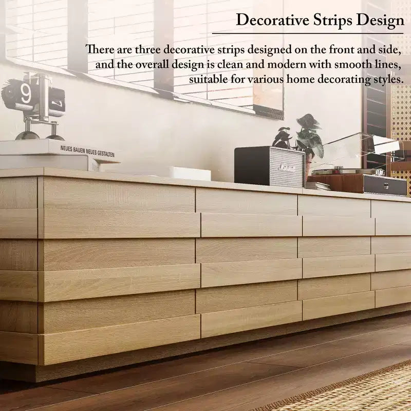 Modern Wood TV Console with Decorative Strips and Storage Drawers