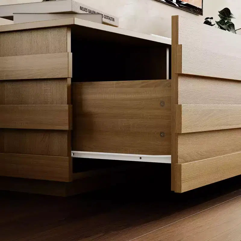 Modern Wood TV Console with Decorative Strips and Storage Drawers