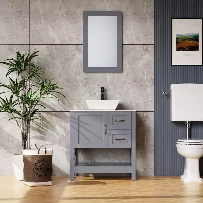 30 Gray Bathroom Vanity and Sink Combo Marble Pattern Top /Mirror Faucet&Drain