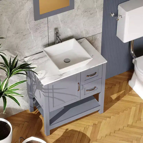 Mobile bagno e lavabo combinati da 76 cm con piano effetto marmo, specchio, rubinetto e scarico