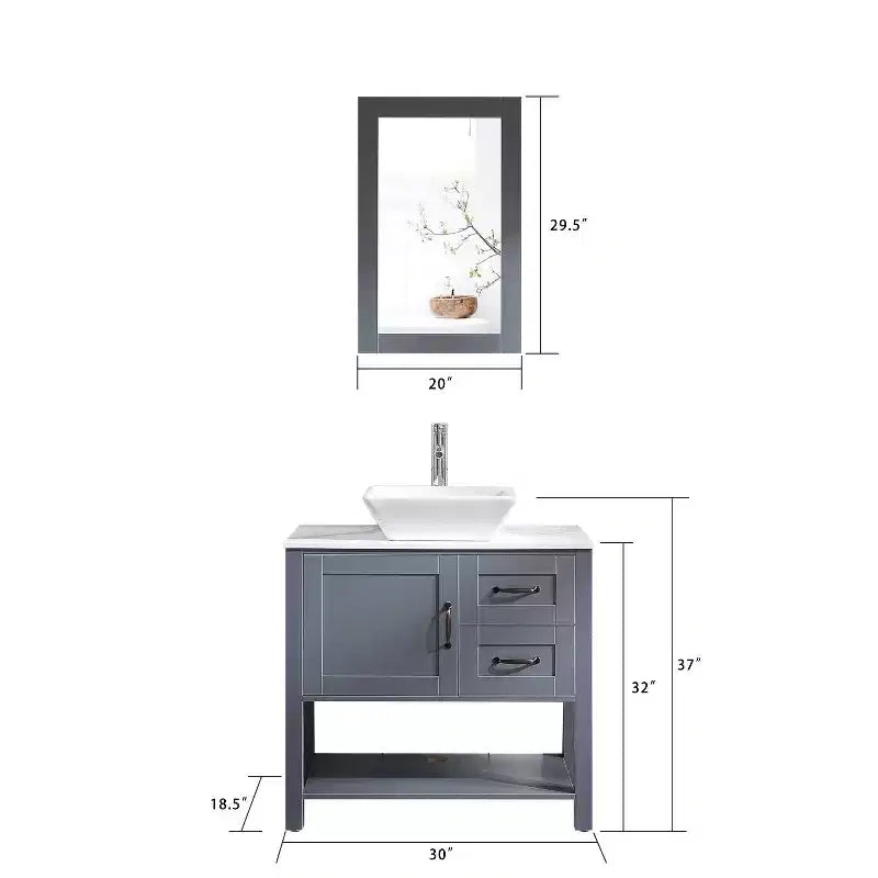 30-Inch Bathroom Vanity and Sink Combo with Marble-Pattern Top, Mirror, Faucet and Drain