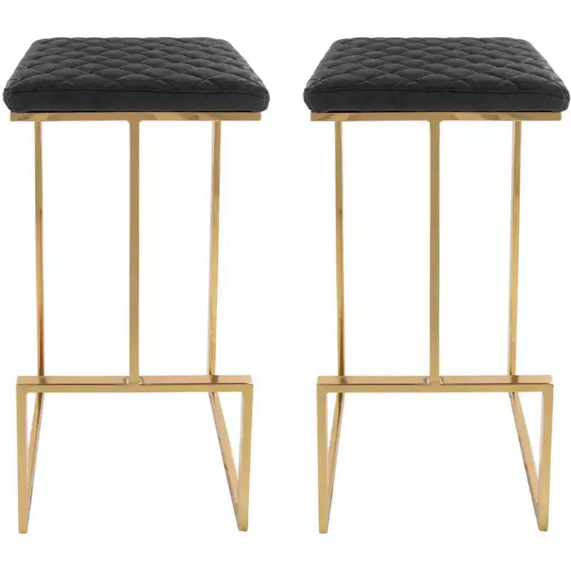 LeisureMod Quincy Set of 2 Bar Stools Upholstered in Leather with Gold Metal Frame, Counter Height Chairs for Kitchen Island