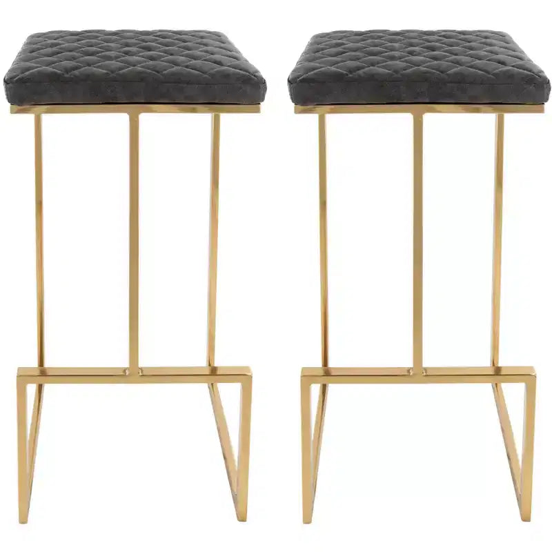 Set of 2 Bar Stools with Gold Metal Frame and Upholstered Seat