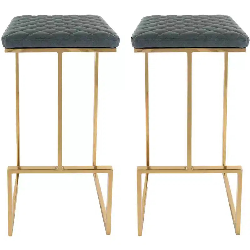 Set of 2 Bar Stools with Gold Metal Frame and Upholstered Seat
