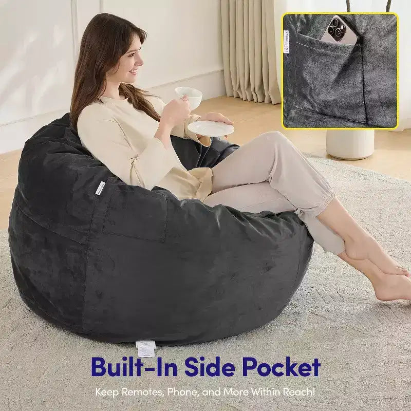 Poltrona Sacco Rotonda da 90 cm con Rivestimento in Velluto Rimovibile – Imbottitura in Schiuma, per Adulti e Bambini