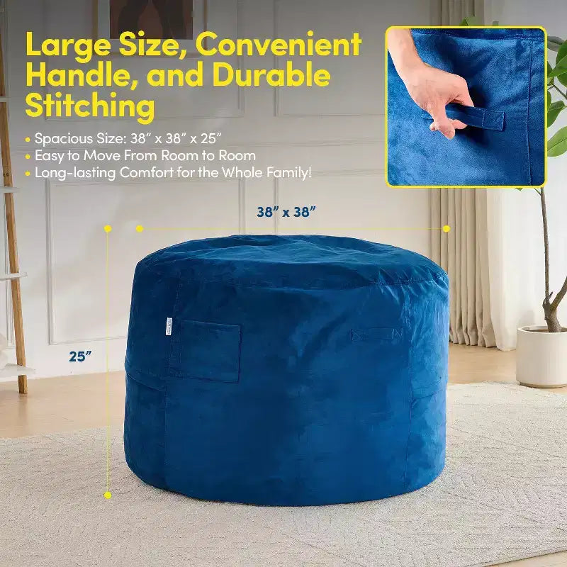 Poltrona Sacco Rotonda da 90 cm con Rivestimento in Velluto Rimovibile – Imbottitura in Schiuma, per Adulti e Bambini