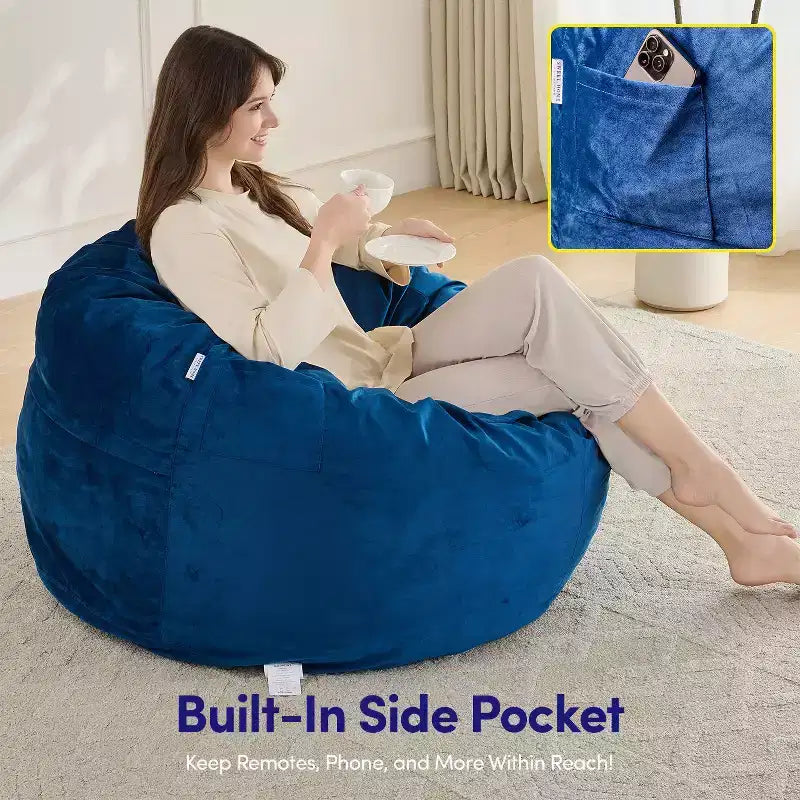 Poltrona Sacco Rotonda da 90 cm con Rivestimento in Velluto Rimovibile – Imbottitura in Schiuma, per Adulti e Bambini