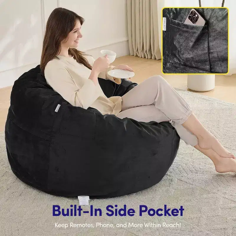 Poltrona Sacco Rotonda da 90 cm con Rivestimento in Velluto Rimovibile – Imbottitura in Schiuma, per Adulti e Bambini