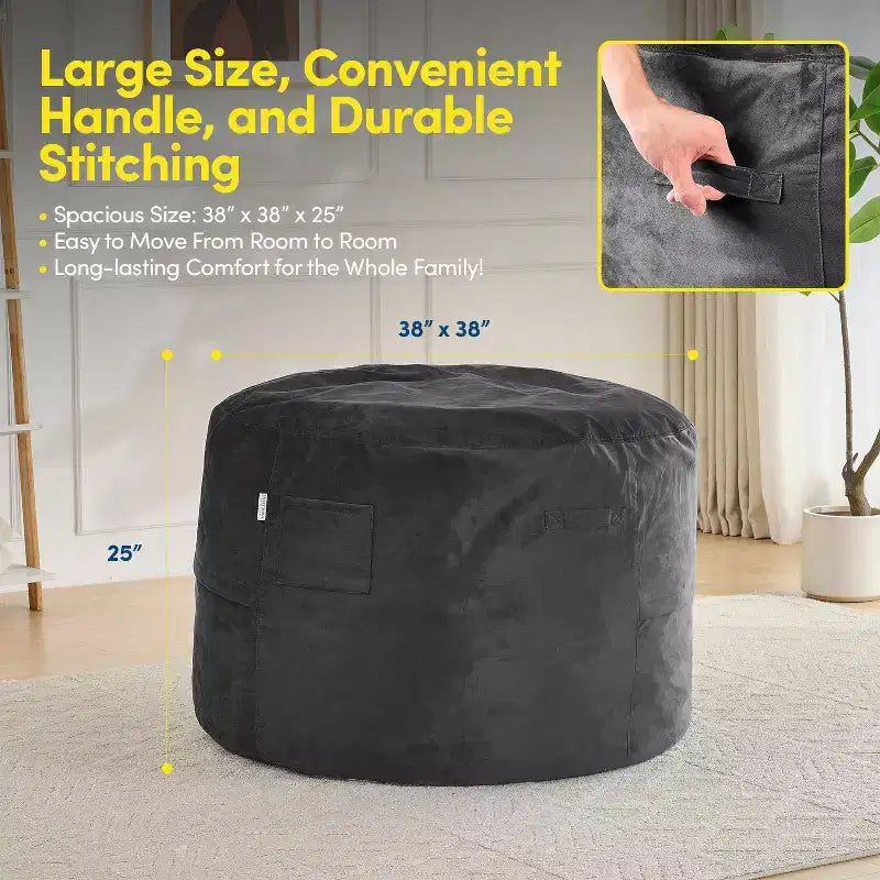 Poltrona Sacco Rotonda da 90 cm con Rivestimento in Velluto Rimovibile – Imbottitura in Schiuma, per Adulti e Bambini