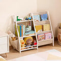 Libreria per bambini a 3 ripiani e organizer per giocattoli con portariviste in tessuto e borsa portaoggetti, bianco