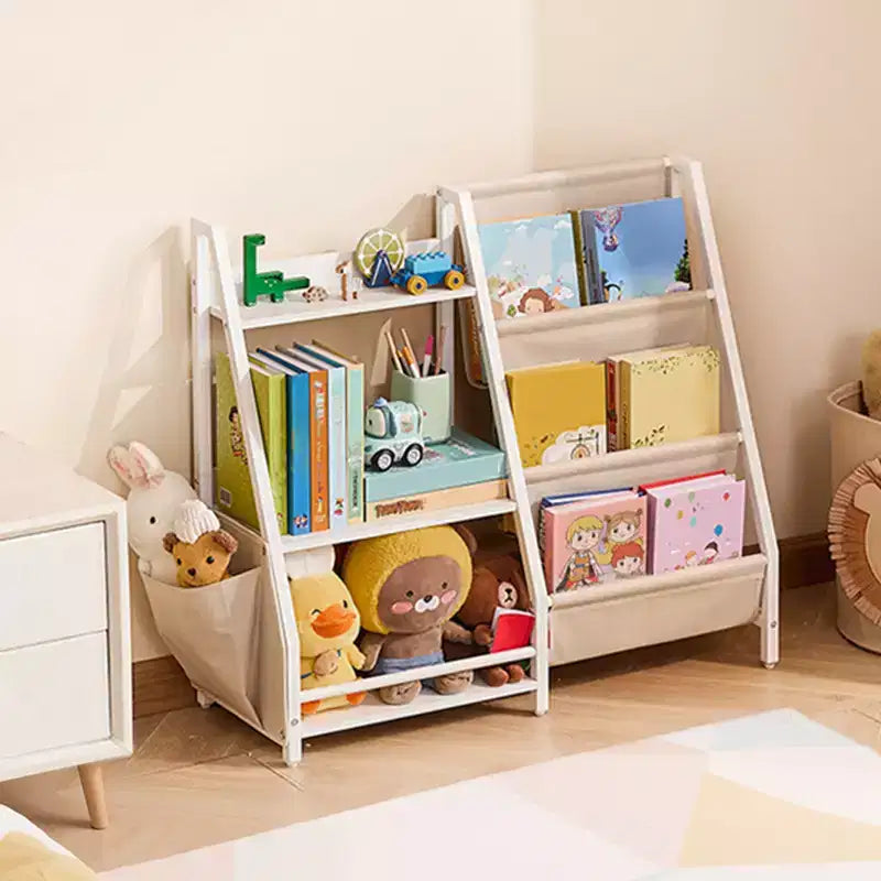 3-Tier Kids Bookshelf and Toy Storage Organizer with Sling Rack and Storage Bag, White