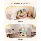 Libreria per bambini a 3 ripiani e organizer per giocattoli con portariviste in tessuto e borsa portaoggetti, bianco