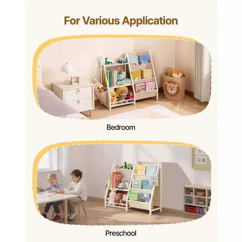 3-Tier Kids Bookshelf and Toy Storage Organizer with Sling Rack and Storage Bag, White