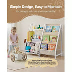 Libreria per bambini a 3 ripiani e organizer per giocattoli con portariviste in tessuto e borsa portaoggetti, bianco