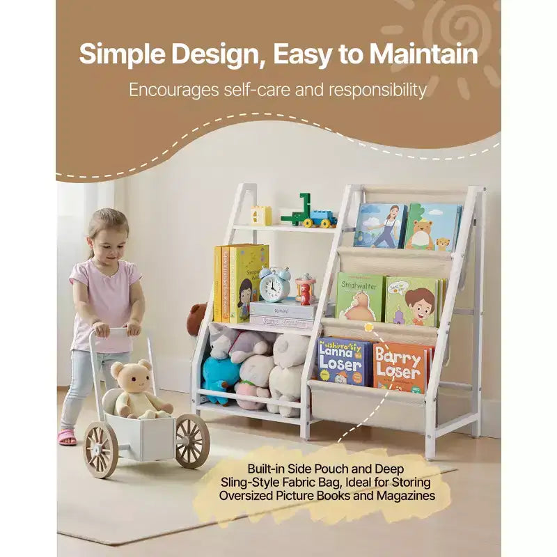 Libreria per bambini a 3 ripiani e organizer per giocattoli con portariviste in tessuto e borsa portaoggetti, bianco