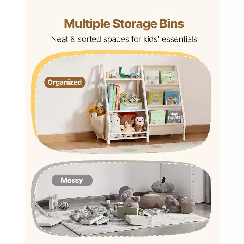 Libreria per bambini a 3 ripiani e organizer per giocattoli con portariviste in tessuto e borsa portaoggetti, bianco