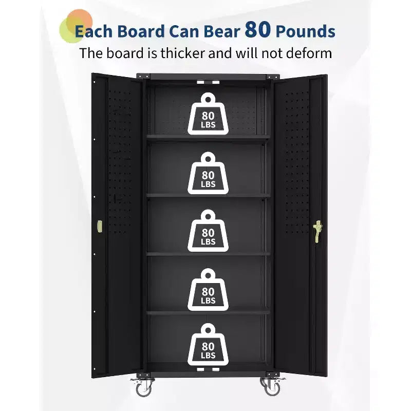 72-Inch Metal Storage Cabinet with Pegboard, Adjustable Shelves, Lock and Wheels