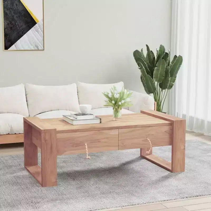 Tavolino da Caffè Rettangolare in Legno di Teak con Due Cassetti