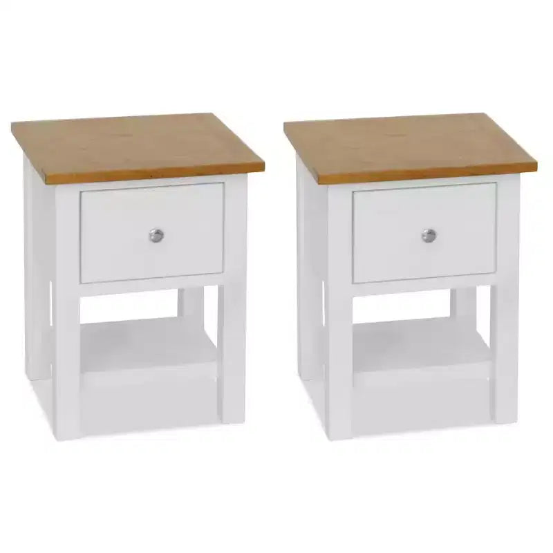 Set of 2 Nightstands with Oak Wood Top and Pinewood Frame – White and Brown