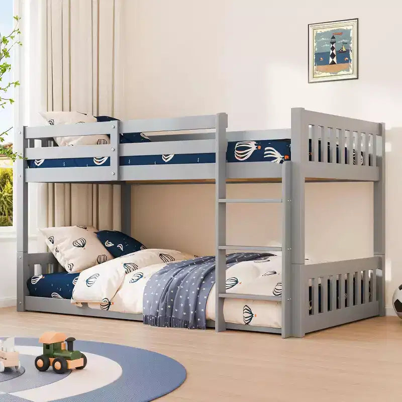 JOYMOR Solid Wood Low Twin Over Twin Bunk Bed for Kids/Junior, Bunk Bed Frame with Guardrails & Ladder for Boys Girls, No Box Spring Needed (Gray)