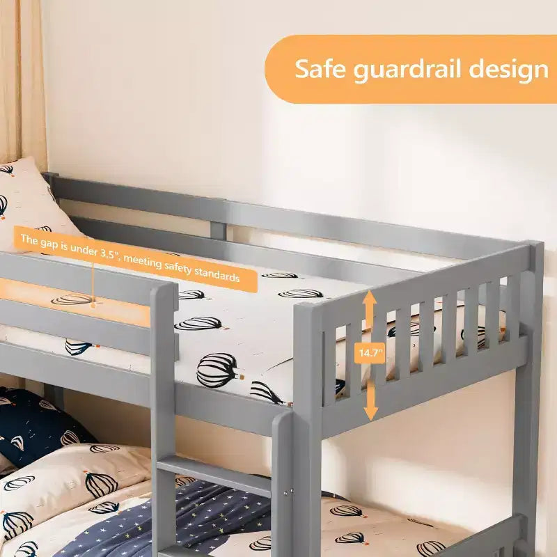 Solid Wood Low Twin Over Twin Bunk Bed with Guardrails and Ladder, No Box Spring Needed (Gray)