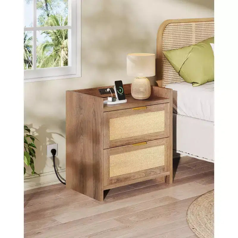 Rattan Nightstand with Charging Station and 2 Drawers
