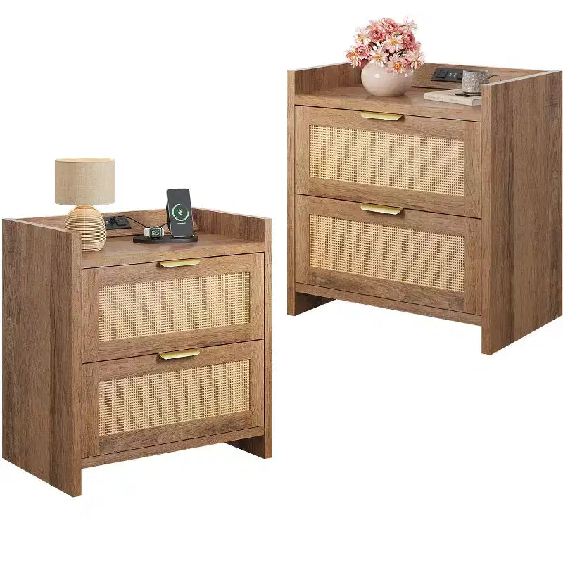 Rattan Nightstand with Charging Station and 2 Drawers