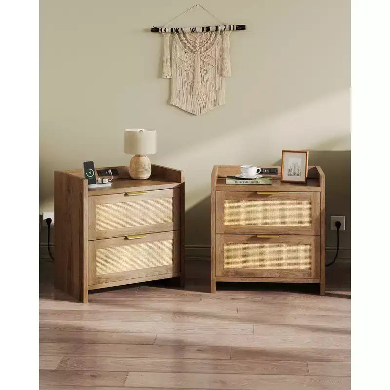 Rattan Nightstand with Charging Station and 2 Drawers