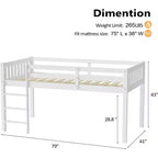 Letto a soppalco basso singolo con ringhiera e scaletta, bianco